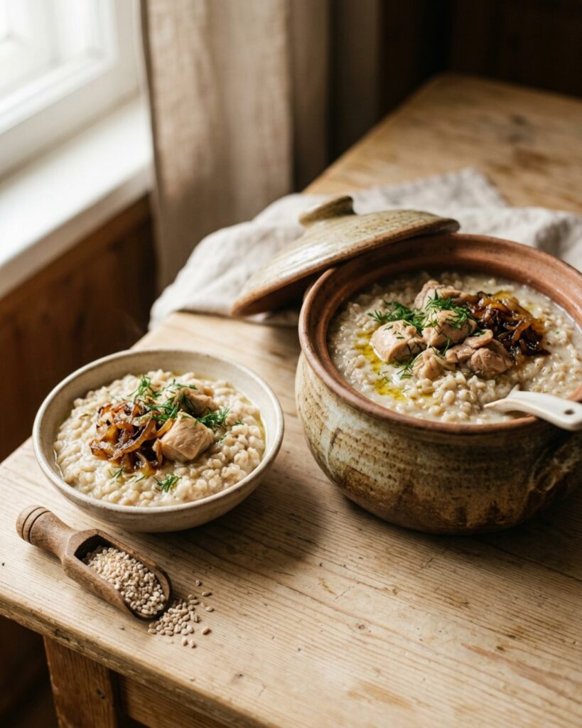 Ячневая каша с курицей и жареным луком